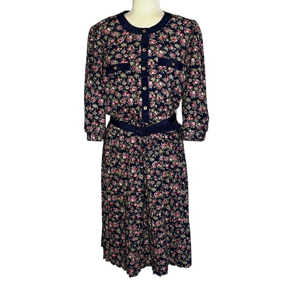Vintage 80s Floral Belted Midi Dress Navy Pink Long Sleeve Sz 14 - Picture 1 of 11